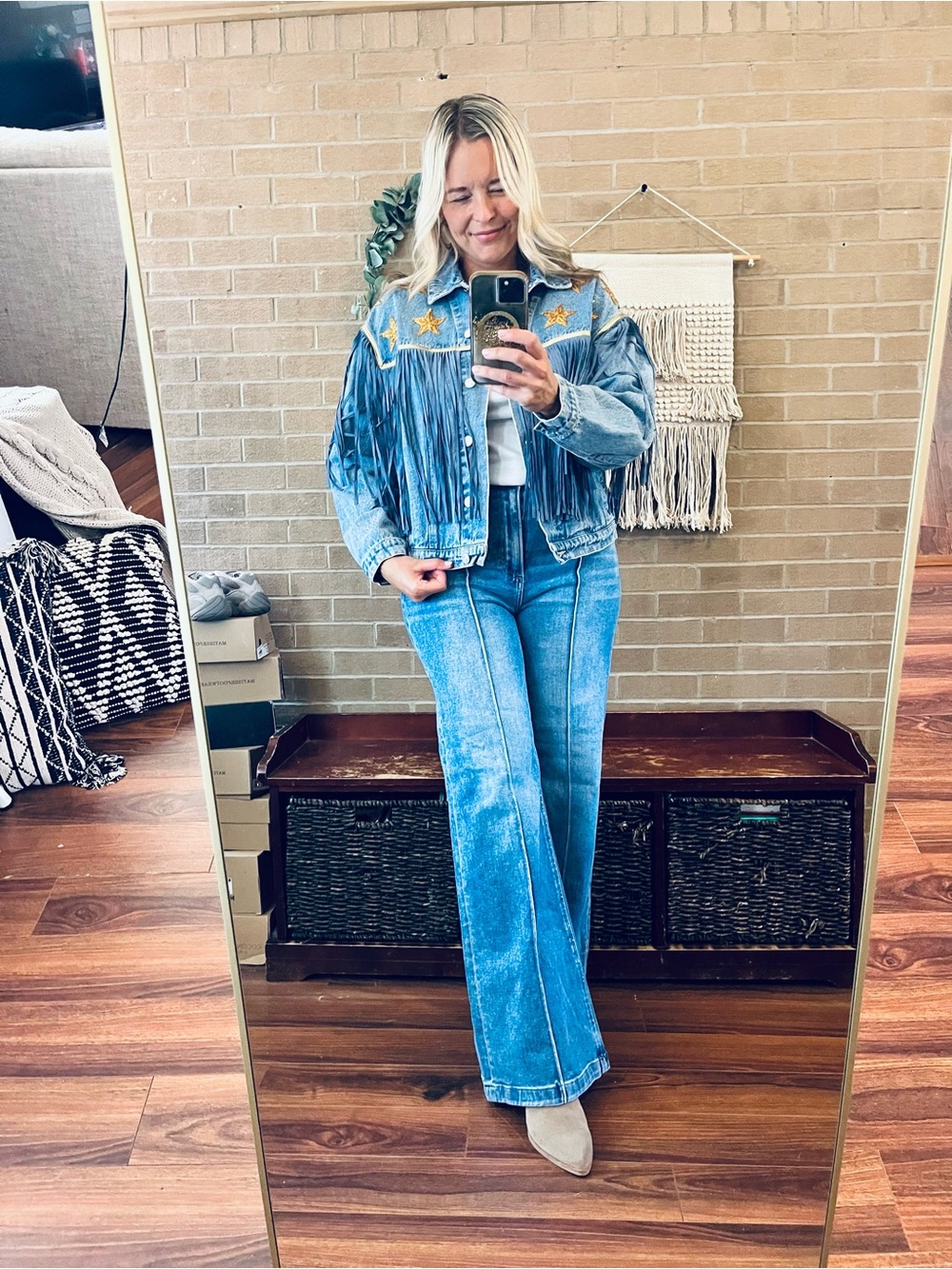 Denim Fringe Jacket with Gold Star Accents - Blue